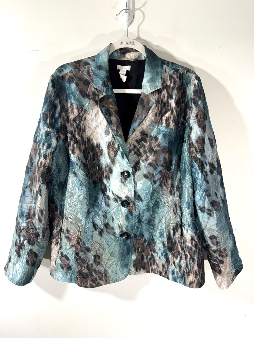 Chico’s Blue Leopard Print Crinkle Button Front Blazer Jacket XL